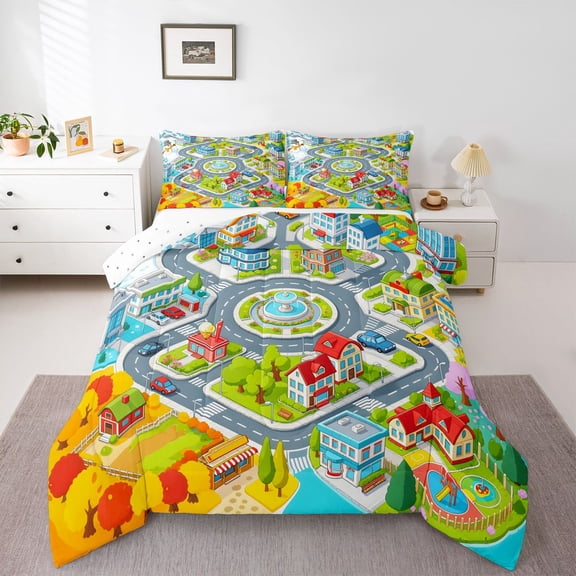 Manfei Cartoon Town Map Queen Comforter Set,Autumn Trees Comforter Sets Queen,Gray,Reversible,3-Piece,1 Comforter and 2 Pillowcases
