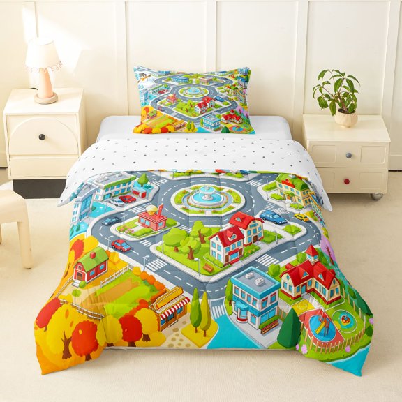 Manfei Cartoon Town Map Twin Comforter Sets,Autumn Trees Bedding Set,Gray,Reversible,2 Pieces,1 Comforter and 1 Pillowcase