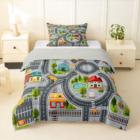 Manfei Cartoon Town Map Twin Comforter Sets,Toy Cars Bedding Set,Gray,Light Gray Reversible,2 Pieces,1 Comforter and 1 Pillowcase