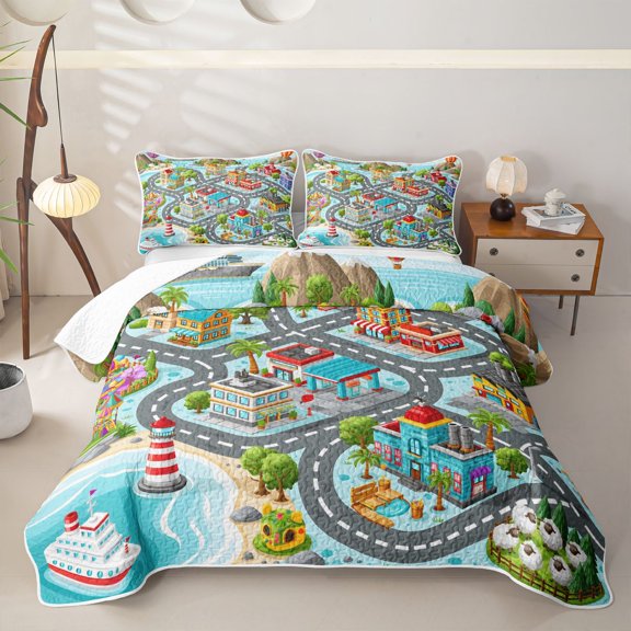 Manfei Cartoon Town Map Twin Quilt Set,City Roads Twin Coverlet Set,Gray,2 Pieces