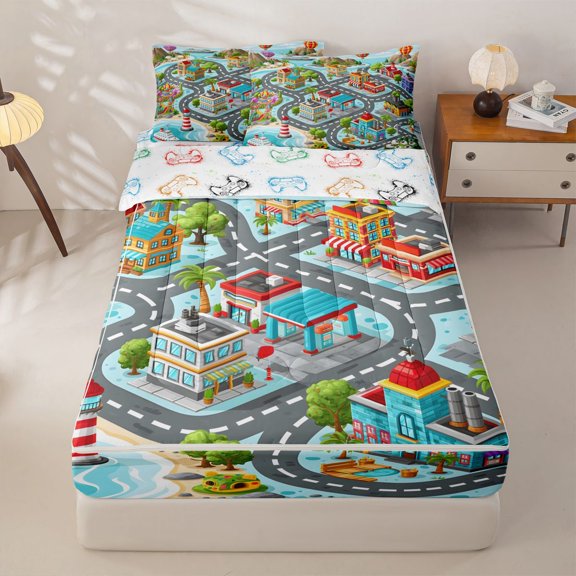 Manfei Cartoon Town Map Zipper Twin Comforter Sets with Fitted Sheet and 2 Pillowcases,City Roads Zipper Bedding Set,Gray,Gamepad reversible,4pcs