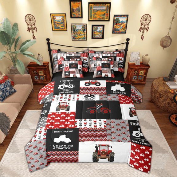 Manfei Cartoon Tractor 7 Pieces Bedding Comforter Set,Rustic Farmhouse Cabin Full Bedding Set,Red White Black Patchwork Plaid Fitted Sheet Flat Sheet For Boys,Super Cozy Room Decor Reversible