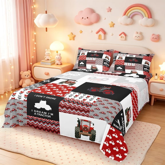 Manfei Cartoon Tractor Full Size Sheets,Rustic Farmhouse Cabin Bed Sheets,Red White Black Patchwork Plaid Sheet Sets For Boys,Super Cozy Room Decor,4-Piece