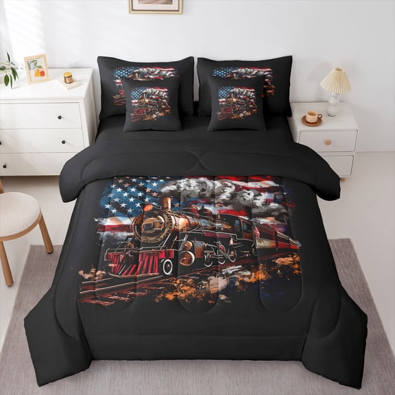 Manfei Cartoon Train 7-Piece Twin Bedding,American Flag Bedding Comforter Set,Blue Red White,Black Reversible