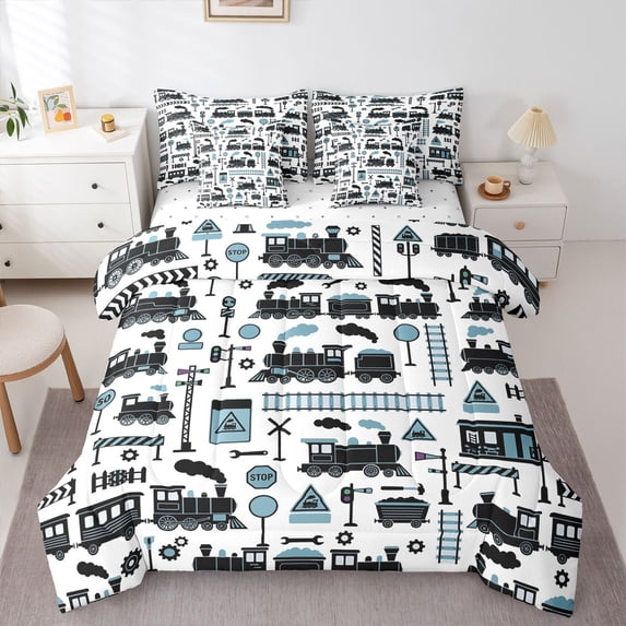 Manfei Cartoon Train 7-Piece Twin Bedding,Railroad Signs Print Bedding Comforter Set,White,Reversible