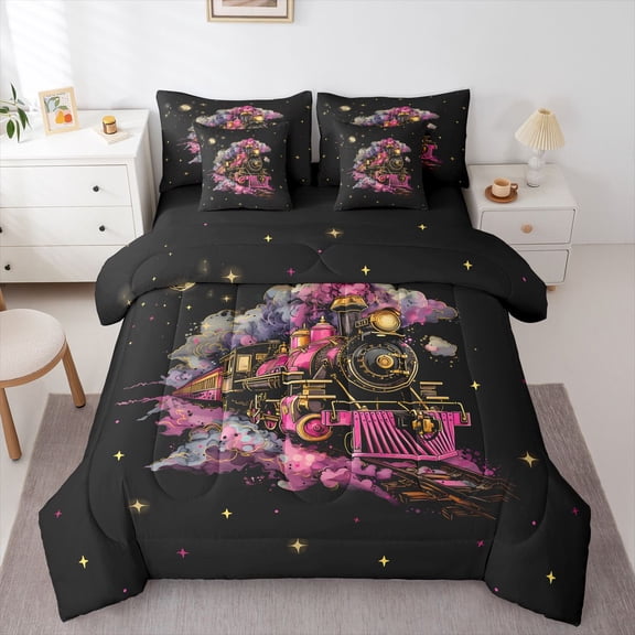 Manfei Cartoon Train 7-Piece Twin Bedding,Starry Night Pattern Bedding Comforter Set,Black Pink,Black Reversible