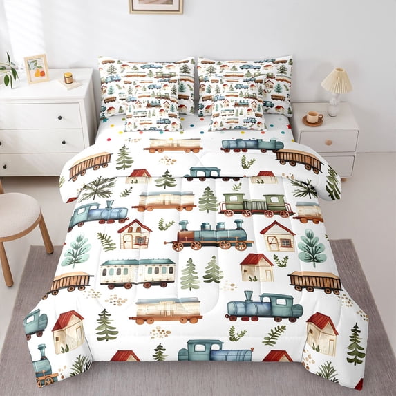 Manfei Cartoon Train 7pcs Queen Bedding,Cute Green Trees Bedding Comforter Set Queen,Polkadot Reversible