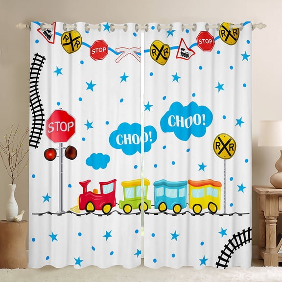 Manfei Cartoon Train Curtains Pack of 2 (42x84 Each), Blue Stars Clouds Curtains Blackout, Steam Engine Transportation Bedroom Curtains, Luxury Bedroom Decor