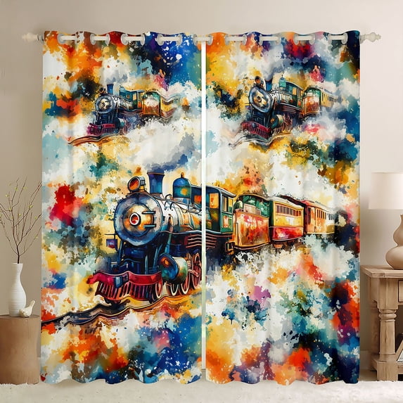 Manfei Cartoon Train Kitchen Curtains,Multicolor Smoke Pattern Black Out Curtains Pack of 2 (42x63 Each)