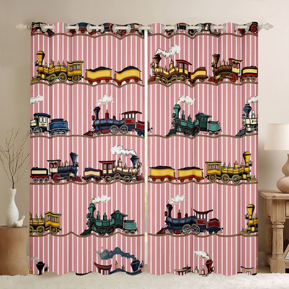 Manfei Cartoon Train Kitchen Curtains,Pink Striped Print Black Out Curtains Pack of 2 (42x63 Each)