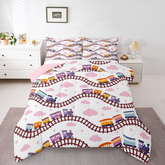 Manfei Cartoon Train Queen Comforter Set,Pink Clouds Print Comforter Sets Queen,Pink Reversible,3pcs,1 Comforter and 2 Pillowcases