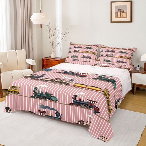 Manfei Cartoon Train Queen Sheets,Pink Striped Print Queen Sheet Sets,4 Pieces,1 Flat Sheet, 1 Fitted Sheet and 2 Pillowcases
