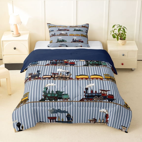 Manfei Cartoon Train Twin Comforter Sets,Blue Line Print Bedding Set,Navy Blue Reversible,2-Piece,1 Comforter and 1 Pillowcase