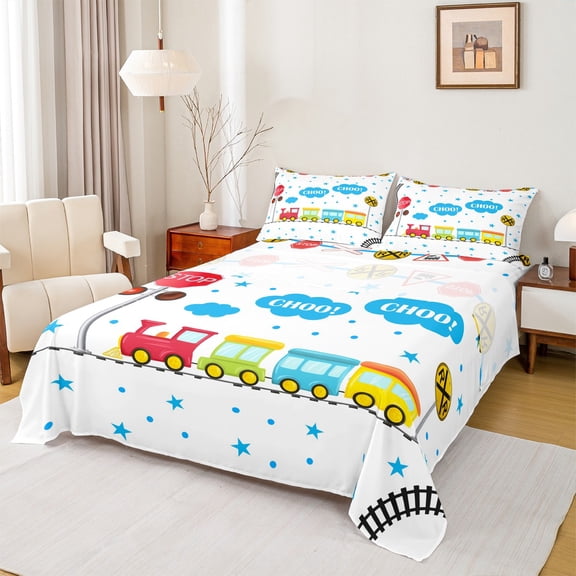 Manfei Cartoon Train Twin Sheet Sets 3pcs, Blue Stars Clouds Twin Fitted Sheet, Steam Engine Transportation Flat Sheet, Luxury Bedroom Decor