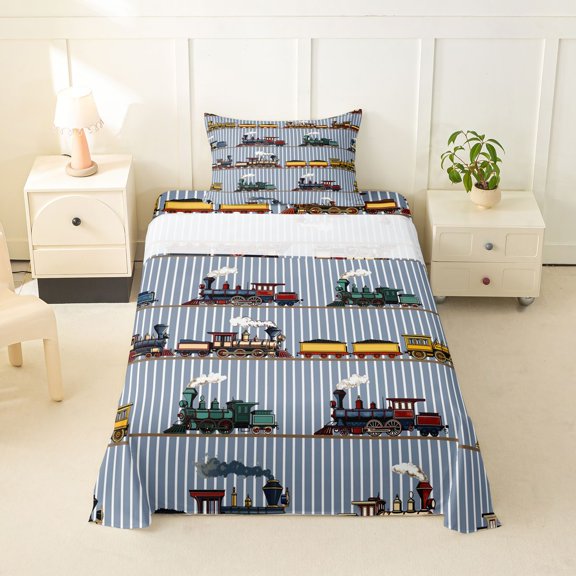 Manfei Cartoon Train Twin Sheets,Blue Line Print Bedding,3-Piece,1 Fitted Sheet and 1 Pillowcase