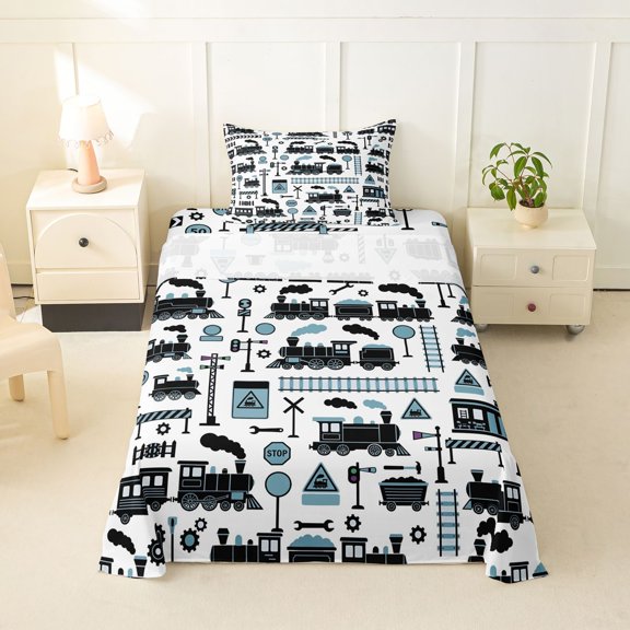 Manfei Cartoon Train Twin Sheets,Railroad Signs Print Bedding,White,3pcs,1 Fitted Sheet and 1 Pillowcase