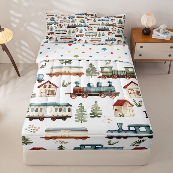 Manfei Cartoon Train Zipper Twin Comforter Sets with Fitted Sheet and 2 Pillowcases,Cute Green Trees Zipper Bedding Set,Polkadot Reversible,4pcs