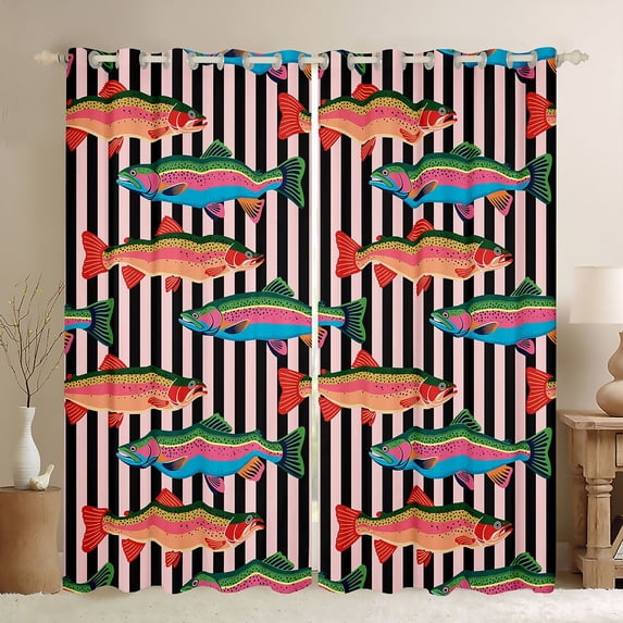 Manfei Cartoon Trout Blackout Curtains, Stripe Abstract Curtains Pack of 2 (42x84 Each), Pink Black Orange