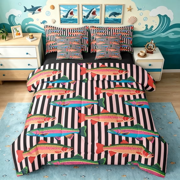 Manfei Cartoon Trout Queen Bedding, Stripe Abstract Bedding Comforter Set Queen, Pink Black Orange, Black Reversible, 7-Piece