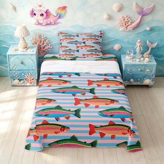 Manfei Cartoon Trout Twin Sheets, Stripe Background Bedding, Blue Pink Orange, 3pcs, 1 Flat Sheet, 1 Fitted Sheet and 1 Pillowcase