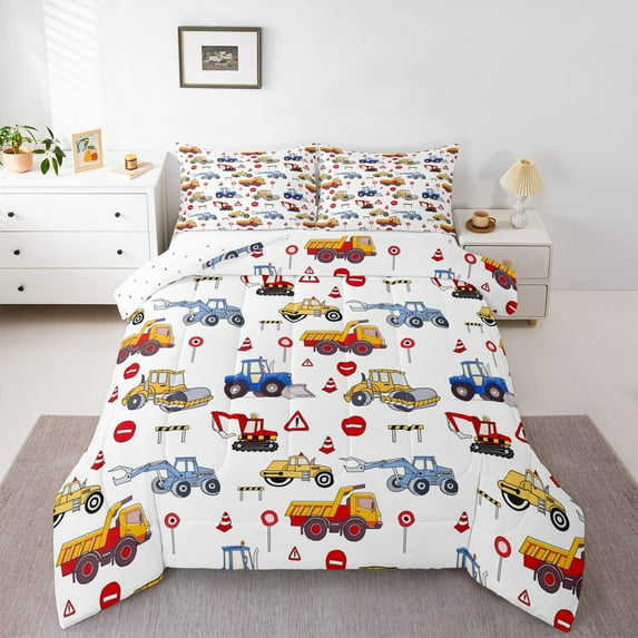 Manfei Cartoon Truck 3-Piece Full Size Comforter Sets,Construction Vehicles Bedding Comforter Set,Cartoon Car Bedding Sets,Ultra Soft Cute Room Decoration,Reversible
