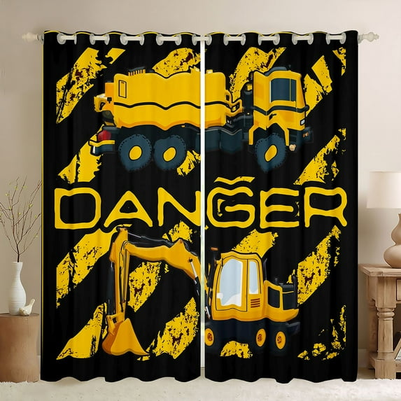 Homewish Cartoon Truck Boys Black Out Curtains, Black Yellow Car Curtains Pack of 2 (42x63 Each), Construction Vehicle Bedroom Curtains, Living Room Curtains Decor