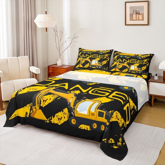 Homewish Cartoon Truck Boys Twin Sheet Sets, Black Yellow Car Twin Fitted Sheet, Construction Vehicle Flat Sheet, Ultra Soft Bedroom Decor, 3-Piece