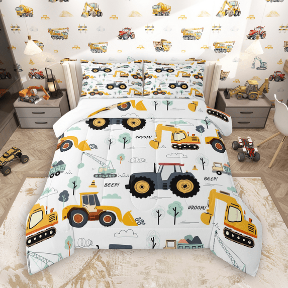 Manfei Cartoon Truck Tractor Bedding Comforter Set 2pcs, Kids Construction Vehicle Twin Comforter Sets, Green Tree Bedding Set, Ultra Soft Home Decor