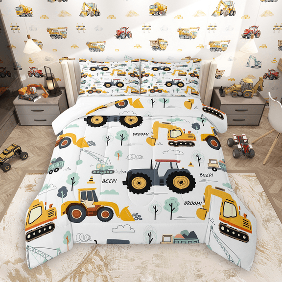 Manfei Cartoon Truck Tractor Bedding Comforter Set 2pcs, Kids Construction Vehicle Twin Comforter Sets, Green Tree Bedding Set, Ultra Soft Home Decor