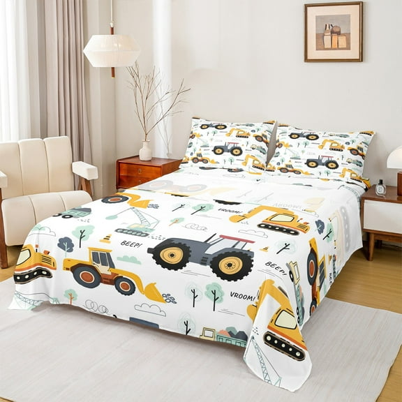 Manfei Cartoon Truck Tractor Queen Sheet Sets 4 Pieces, Kids Construction Vehicle Flat Sheet, Green Tree Queen Fitted Sheet, Ultra Soft Home Decor