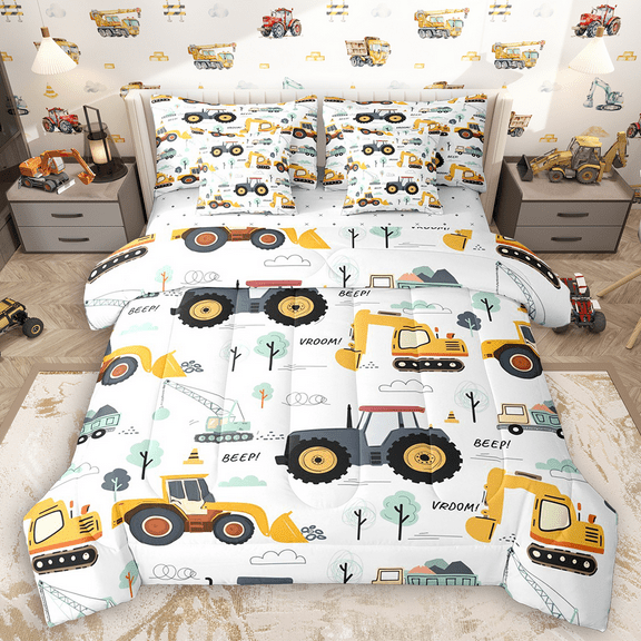Manfei Cartoon Truck Tractor Twin Bedding Sets 7pcs, Kids Construction Vehicle Bedding Comforter Set, Green Tree Sheet Sets, Ultra Soft Home Decor