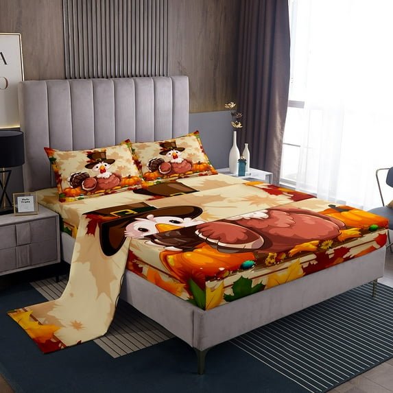 Manfei Cartoon Turkey Bed Sheets Set Queen Size,Orange Pumpkin Bedding Sets Queen Size,Thanksgiving Day Bed Sheets Queen,Ultra Soft Festival Bedroom Decoration,4 Pieces