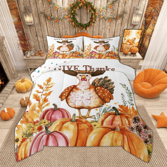 Manfei Cartoon Turkey Bedding Comforter Set, Watercolor Pumpkin Twin Comforter Sets, Thanksgiving Day Gifts Bedding Set, Super Cozy Room Decor, Reversible 2-Piece