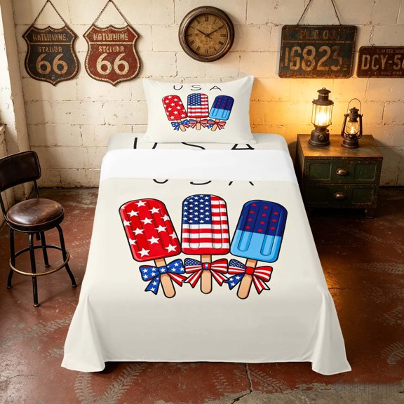 Manfei Cartoon USA Popsicle Twin Sheets, Red White Blue Ice Pop Bedding, Black Reversible 3 Pieces (1 Flat Sheet, 1 Fitted Sheet and 1 Pillowcase)