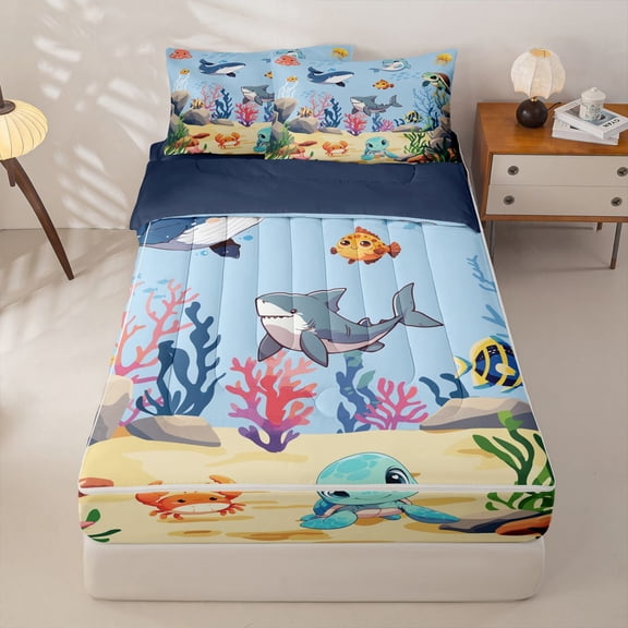 Manfei Cartoon Underwater Marine Life Zipper Twin Comforter Sets with Fitted Sheet and 2 Pillowcases for Kids Boys and Girls, Whale Dolphin Shark Zipper Bedding Set, Navy Reversible, 4 Pieces