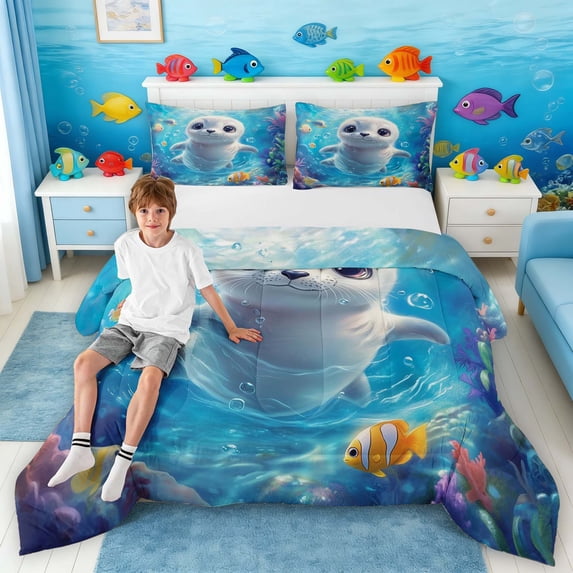 Manfei Cartoon Underwater Seal Queen Comforter Set for Kids Boys and Girls, Cutee Fish Coral Bedding Comforter Set, Polka Dots Reversible 3 Pieces, 1 Comforter and 2 Pillowcases