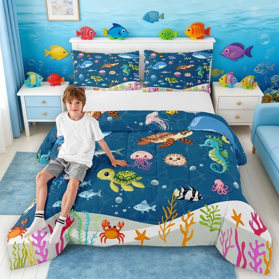 Manfei Cartoon Underwater World Full Size Comforter Sets for Kids Boys and Girls, Ocean Fish Bedding Sets, Navy Reversible 3 Pieces, 1 Comforter and 2 Pillowcases
