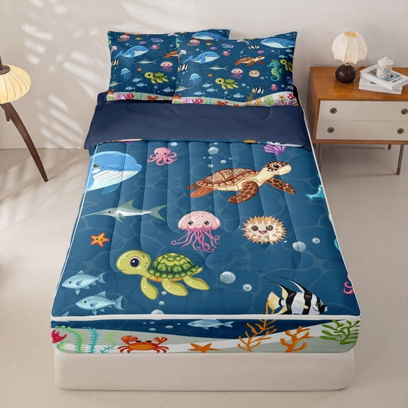 Manfei Cartoon Underwater World Zipper Full Size Comforter Sets with Fitted Sheet and 2 Pillowcases for Kids Boys and Girls, Ocean Fish Zipper Bedding Set, Navy Reversible, 4-Piece