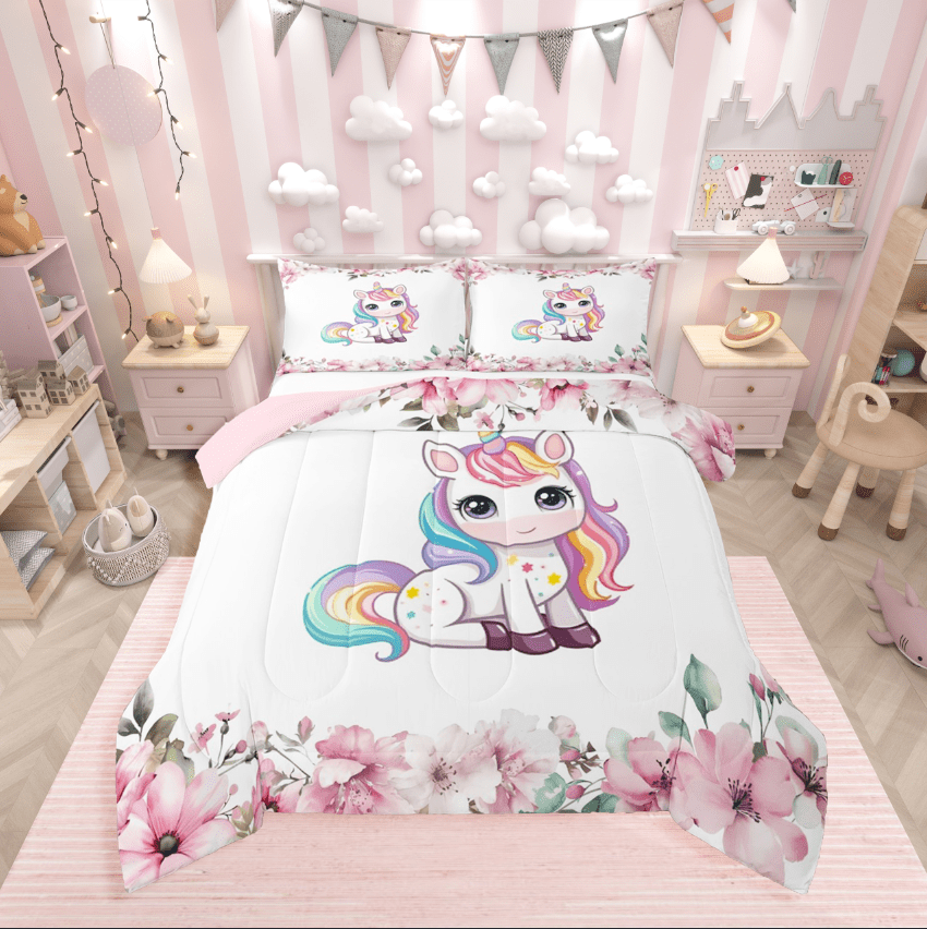 Manfei Cartoon Unicorn 3-Piece Full Size Comforter Sets,Floral Flower ...
