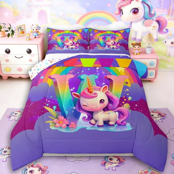 Manfei Cartoon Unicorn 3-Piece Full Size Comforter Sets,Kawaii Initial Bedding Comforter Set,Rainbow Stars Lightweight Bedding Sets,Microfiber Cute Room Decor,Reversible