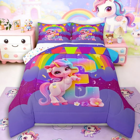 Manfei Cartoon Unicorn 3-Piece Full Size Comforter Sets,Kawaii Initial Bedding Comforter Set,Rainbow Stars Lightweight Bedding Sets,Microfiber Cute Room Decor,Reversible