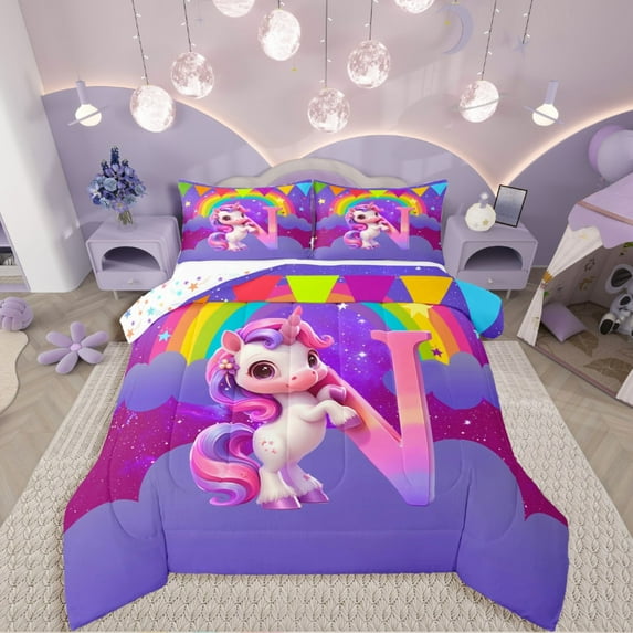 Manfei Cartoon Unicorn 3-Piece Full Size Comforter Sets,Kawaii Initial Bedding Comforter Set,Rainbow Stars Lightweight Bedding Sets,Microfiber Cute Room Decor,Reversible