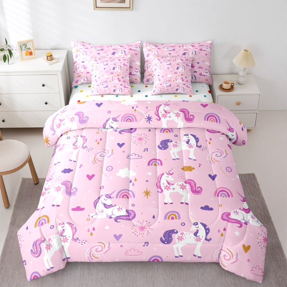 Manfei Cartoon Unicorn 7-Piece Bedding Comforter Set,Magic Animal King Bedding Sets,Rainbow Fireworks Bed Sheets For Girl,Ultra Soft Home Decor Reversible