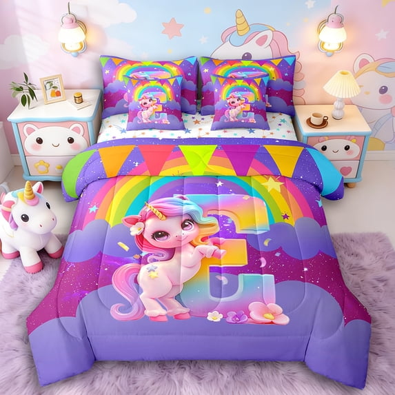 Manfei Cartoon Unicorn 7-Piece Twin Bedding Sets,Kawaii Initial Bedding Comforter Set,Rainbow Stars Breathable Sheet Sets,Microfiber Cute Room Decor,Reversible