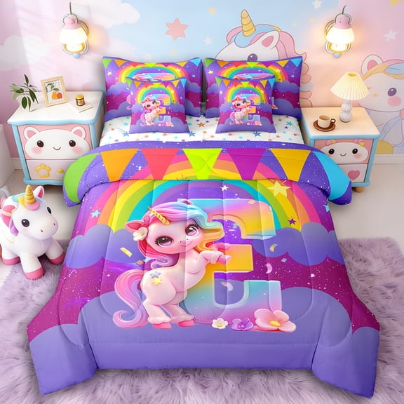 Manfei Cartoon Unicorn 7-Piece Twin Bedding Sets,Kawaii Initial Bedding Comforter Set,Rainbow Stars Breathable Sheet Sets,Microfiber Cute Room Decor,Reversible
