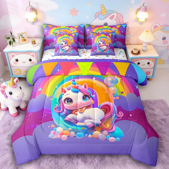 Manfei Cartoon Unicorn 7 Pieces Bedding Comforter Set,Kawaii Initial Full Bedding Set Lightweight,Rainbow Stars Fitted Sheet Flat Sheet,Microfiber Cute Room Decor,Reversible