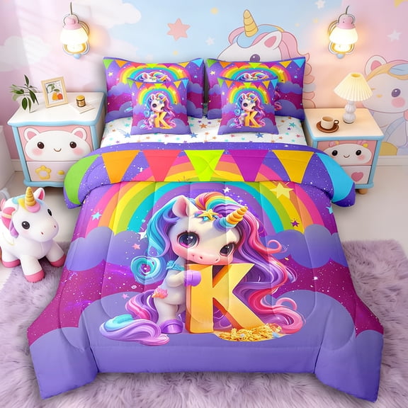 Manfei Cartoon Unicorn 7 Pieces Bedding Comforter Set,Kawaii Initial Full Bedding Set Lightweight,Rainbow Stars Fitted Sheet Flat Sheet,Microfiber Cute Room Decor,Reversible