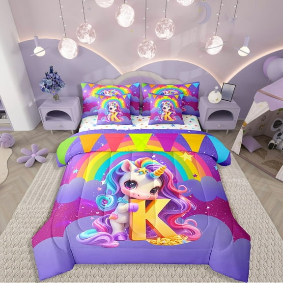 Manfei Cartoon Unicorn 7 Pieces Bedding Comforter Set,Kawaii Initial Full Bedding Set Lightweight,Rainbow Stars Fitted Sheet Flat Sheet,Microfiber Cute Room Decor,Reversible