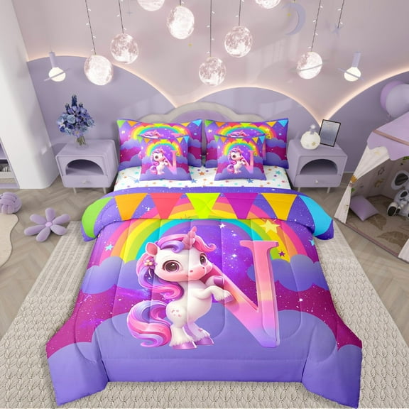 Manfei Cartoon Unicorn 7 Pieces Bedding Comforter Set,Kawaii Initial Full Bedding Set Lightweight,Rainbow Stars Fitted Sheet Flat Sheet,Microfiber Cute Room Decor,Reversible