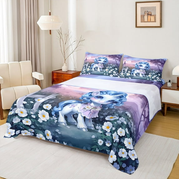 Manfei Cartoon Unicorn Bed Sheets Twin, Dreamy Animal Twin Sheet Sets, Rustic Floral Bedding Sets Twin Size, Microfiber Bedroom Decoration, 3pcs